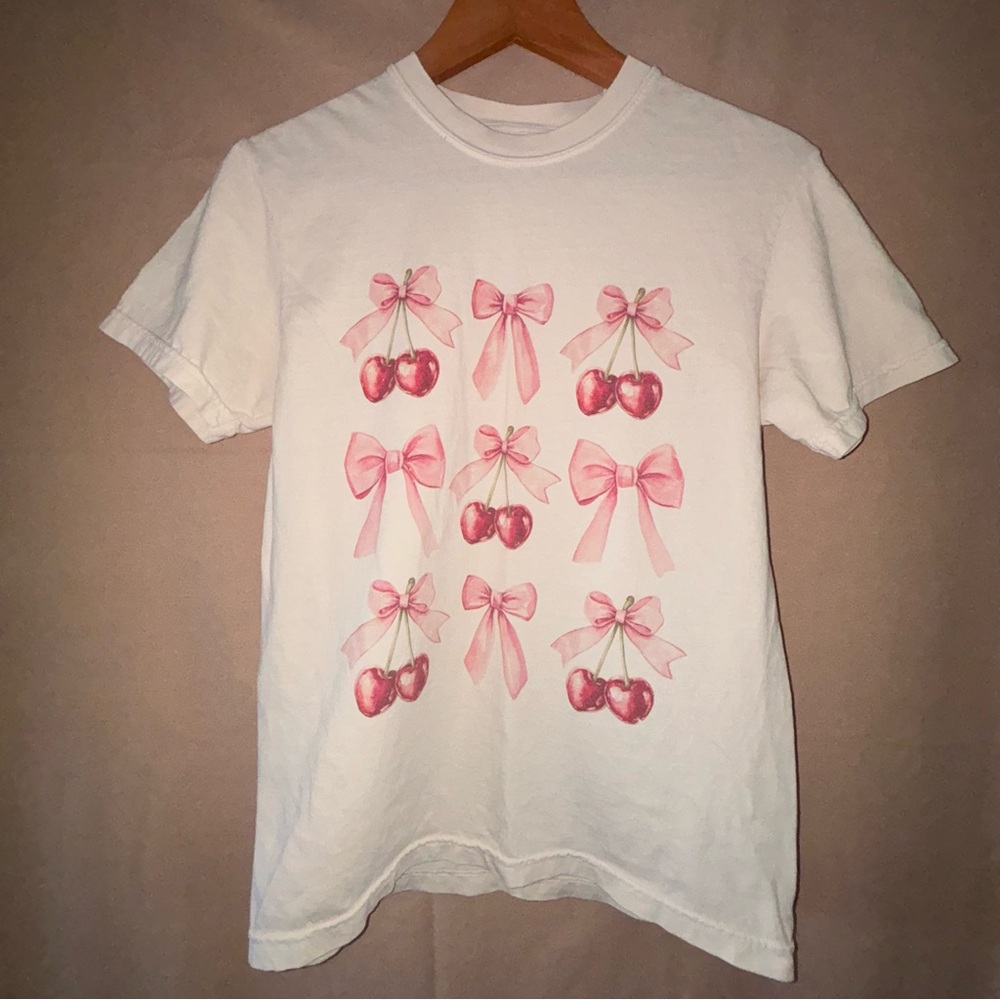 Comfort Colors White and Pink Short Sleeve Tee with Cherries and Bows Pattern